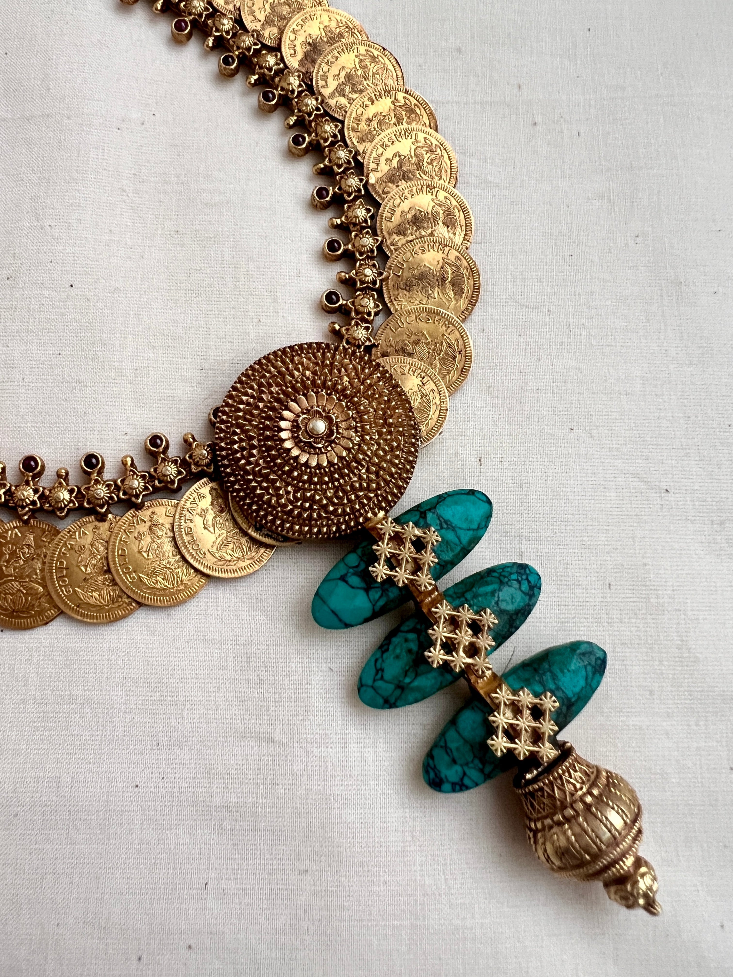 Antique gold polish kasumala with turquoise stone pendant-Silver Neckpiece-CI-House of Taamara