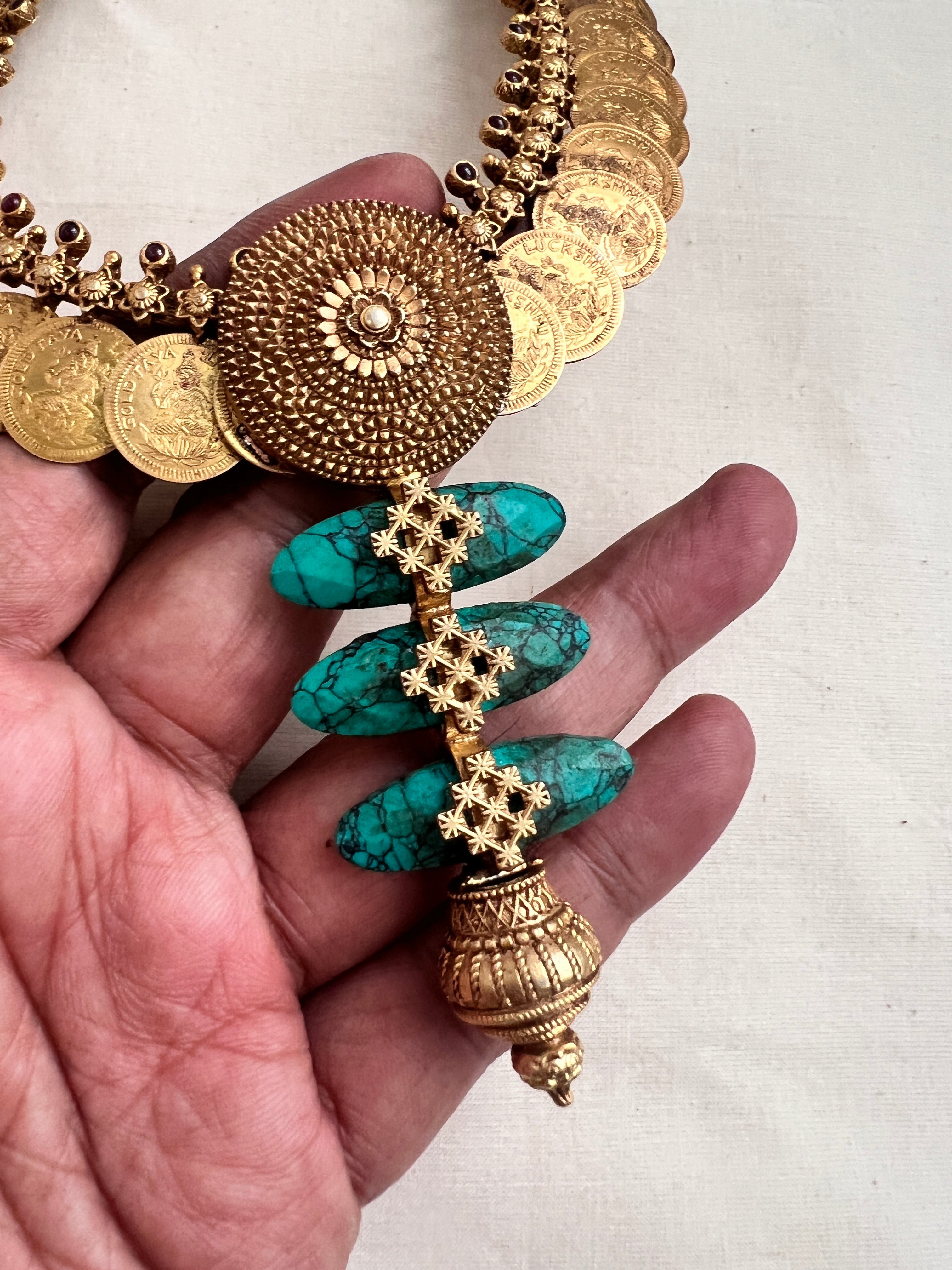 Antique gold polish kasumala with turquoise stone pendant-Silver Neckpiece-CI-House of Taamara