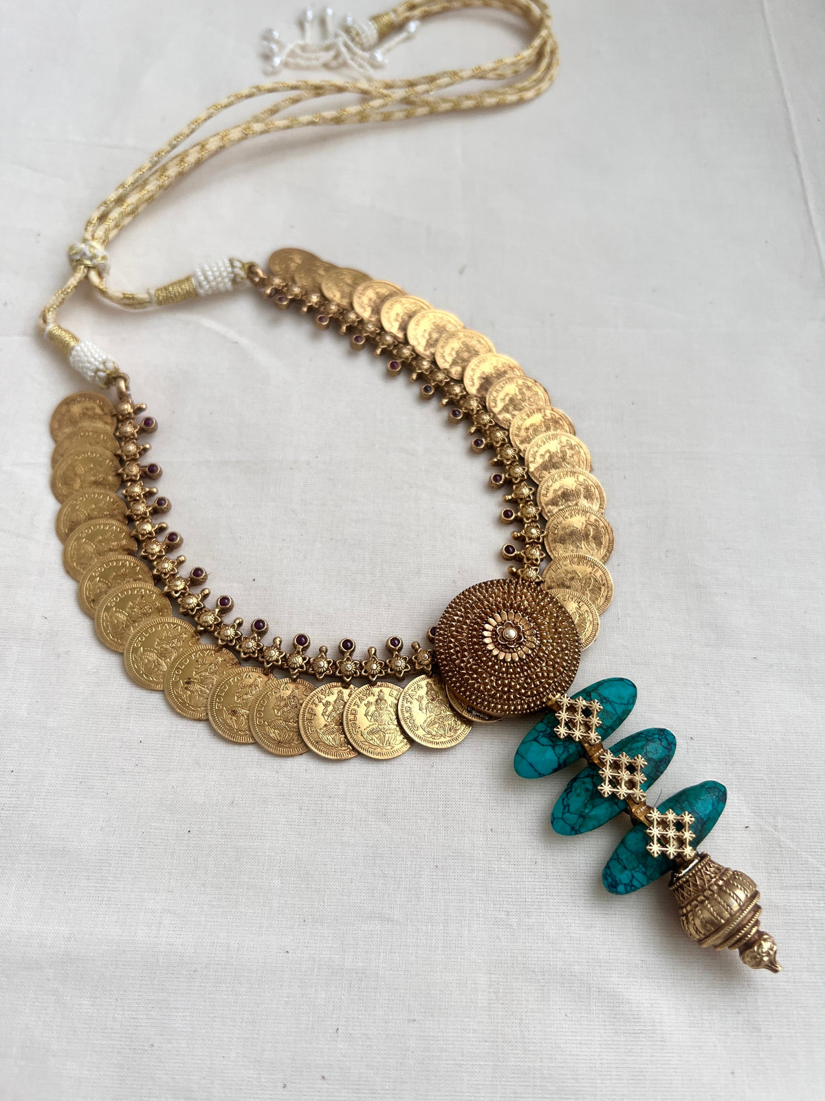 Antique gold polish kasumala with turquoise stone pendant-Silver Neckpiece-CI-House of Taamara