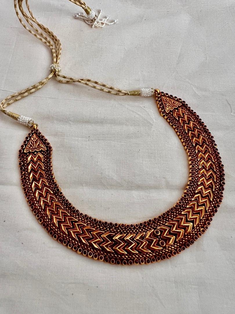 Antique gold polish kolhapuri work necklace-Silver Neckpiece-CI-House of Taamara