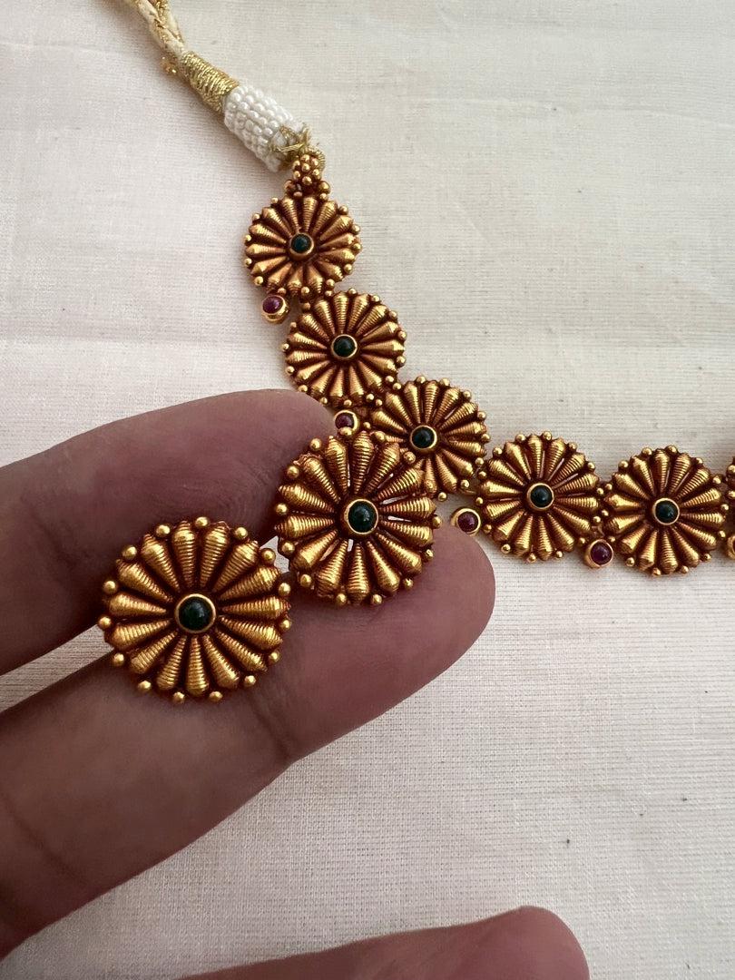 Antique gold polish kolhapuri work necklace with earrings, SET-Silver Neckpiece-CI-House of Taamara