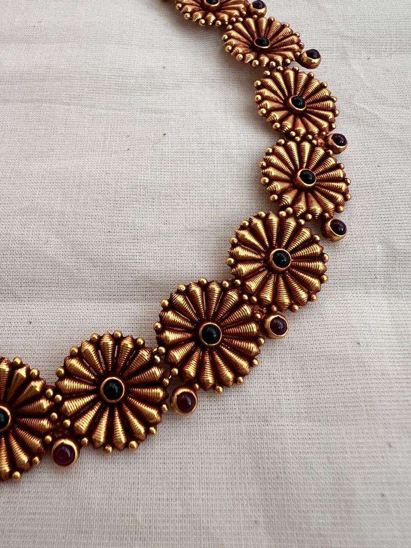 Antique gold polish kolhapuri work necklace with earrings, SET-Silver Neckpiece-CI-House of Taamara