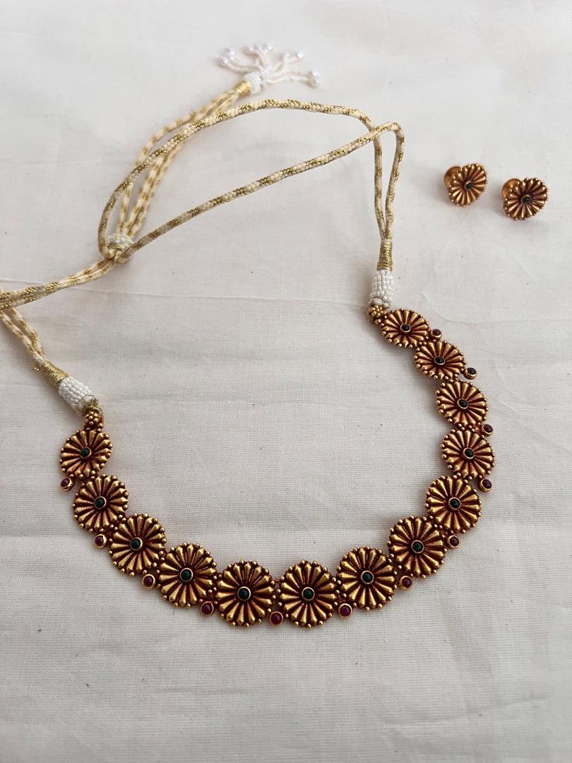 Antique gold polish kolhapuri work necklace with earrings, SET-Silver Neckpiece-CI-House of Taamara