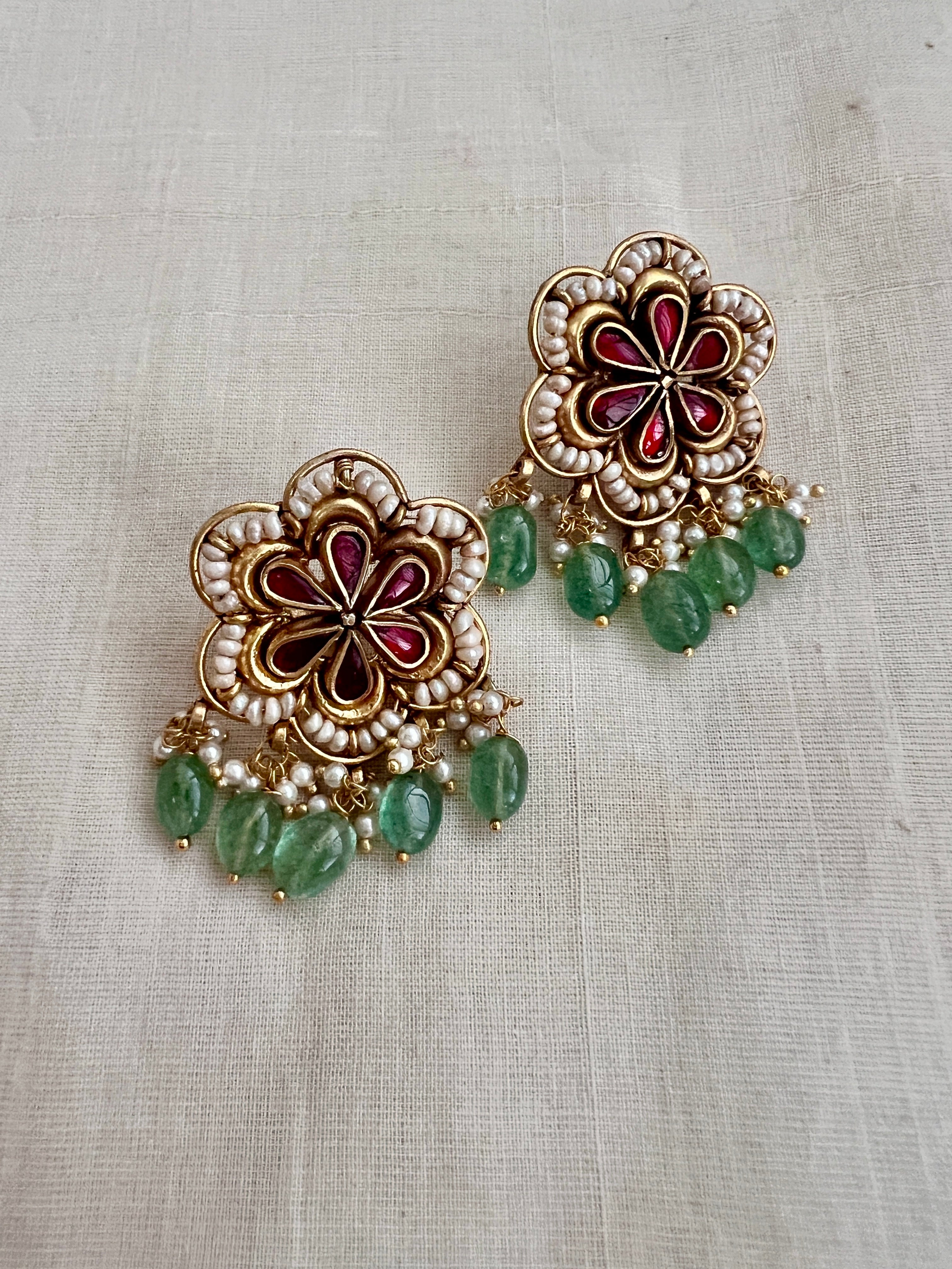 Antique gold polish kundan and ruby studs with stringed pearls and jade beads-Earrings-CI-House of Taamara