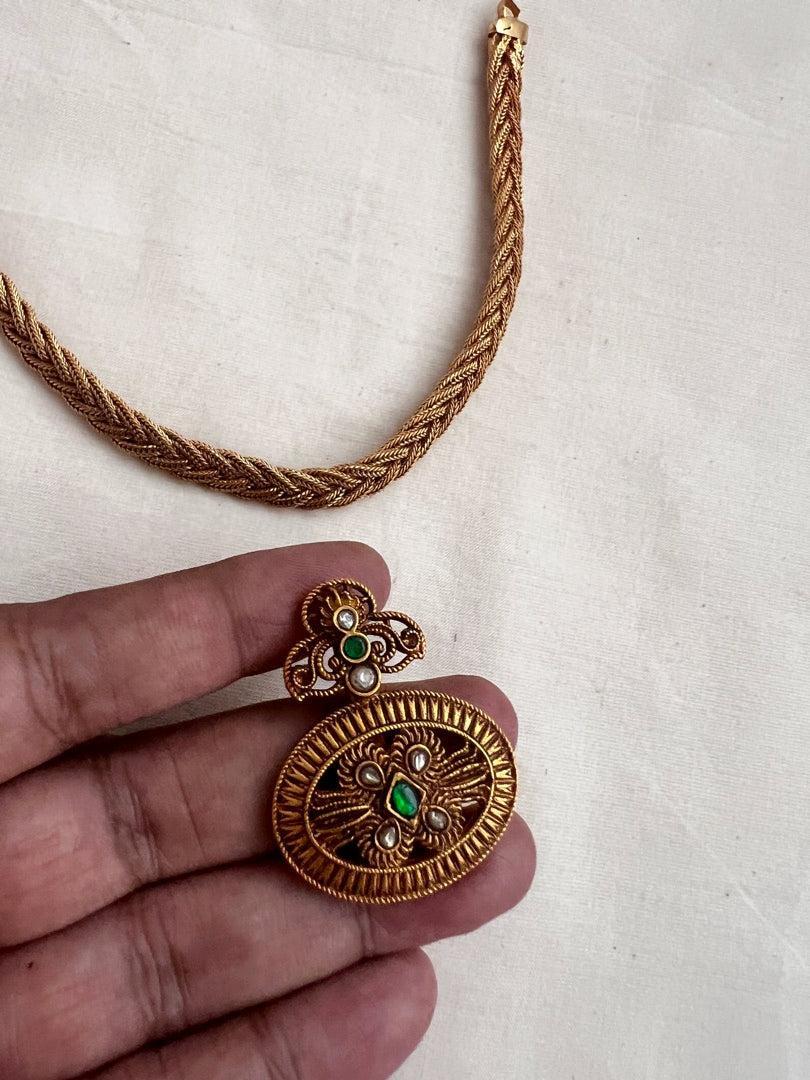Antique gold polish kundan & emerald necklace, SET-Silver Neckpiece-CI-House of Taamara
