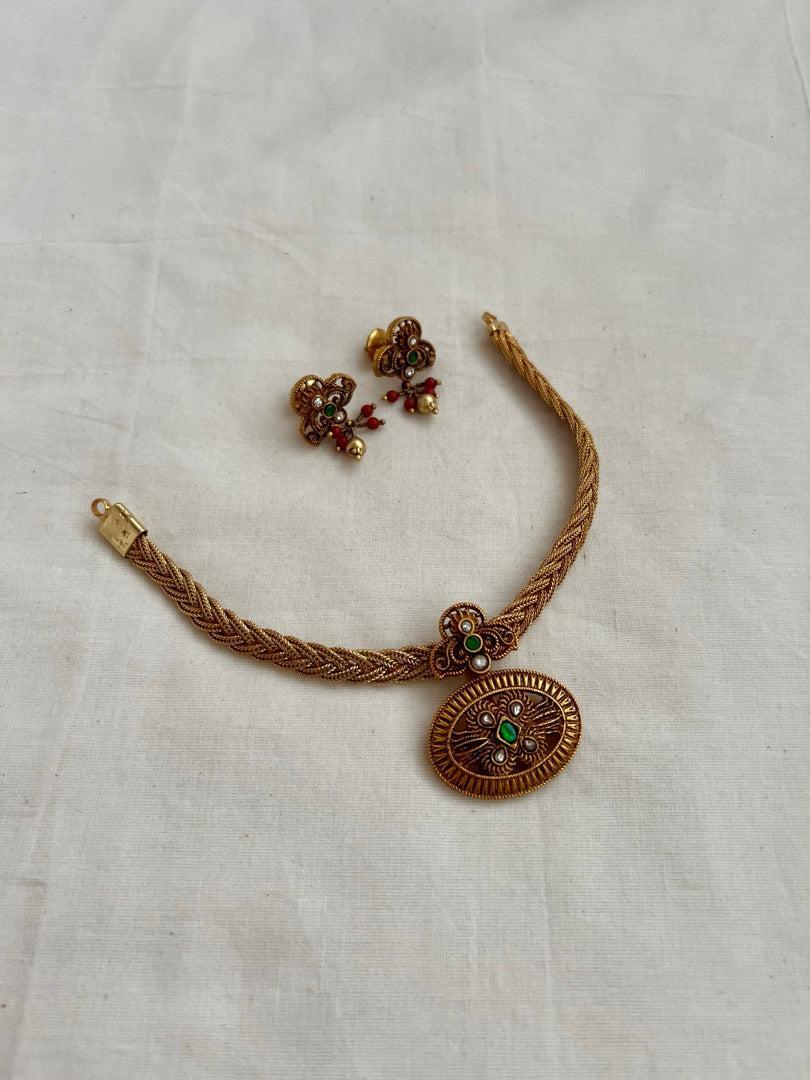 Antique gold polish kundan & emerald necklace, SET-Silver Neckpiece-CI-House of Taamara