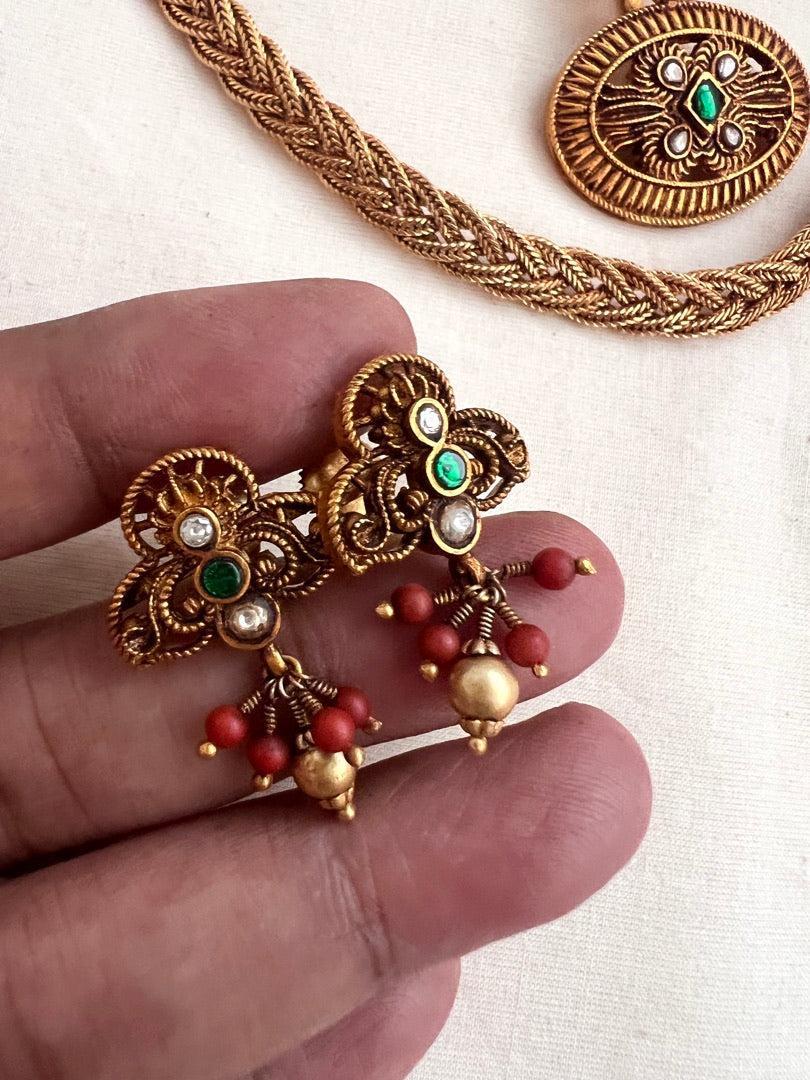 Antique gold polish kundan & emerald necklace, SET-Silver Neckpiece-CI-House of Taamara