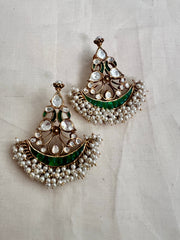 Antique gold polish kundan & emerald peacock earrings with pearls-Earrings-CI-House of Taamara