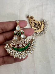 Antique gold polish kundan & emerald peacock earrings with pearls-Earrings-CI-House of Taamara