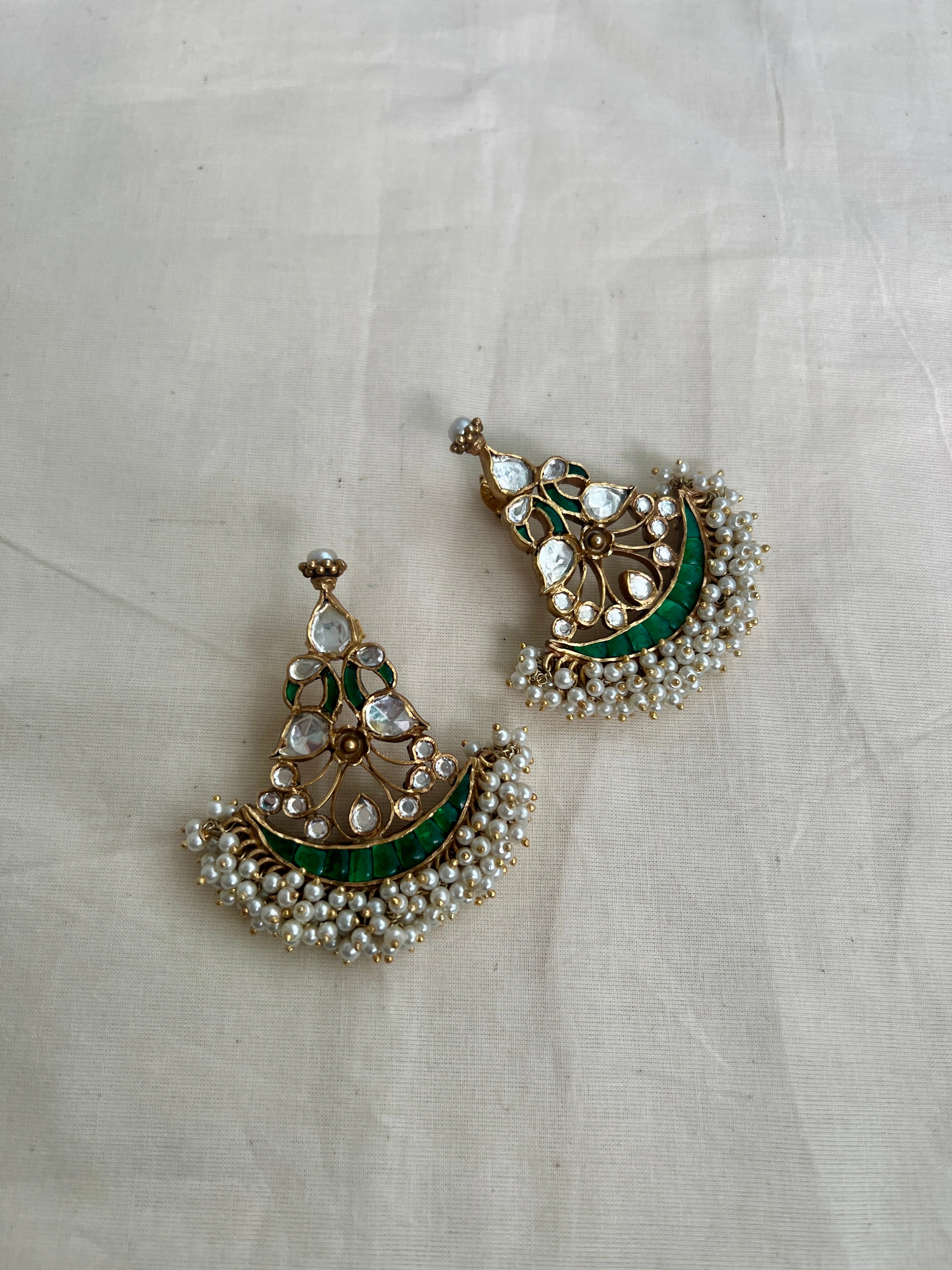 Antique gold polish kundan & emerald peacock earrings with pearls-Earrings-CI-House of Taamara