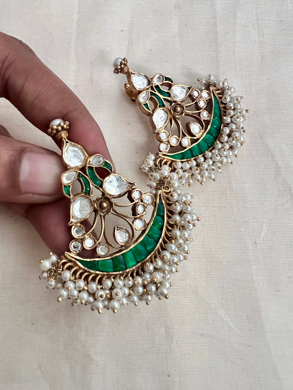 Antique gold polish kundan & emerald peacock earrings with pearls-Earrings-CI-House of Taamara