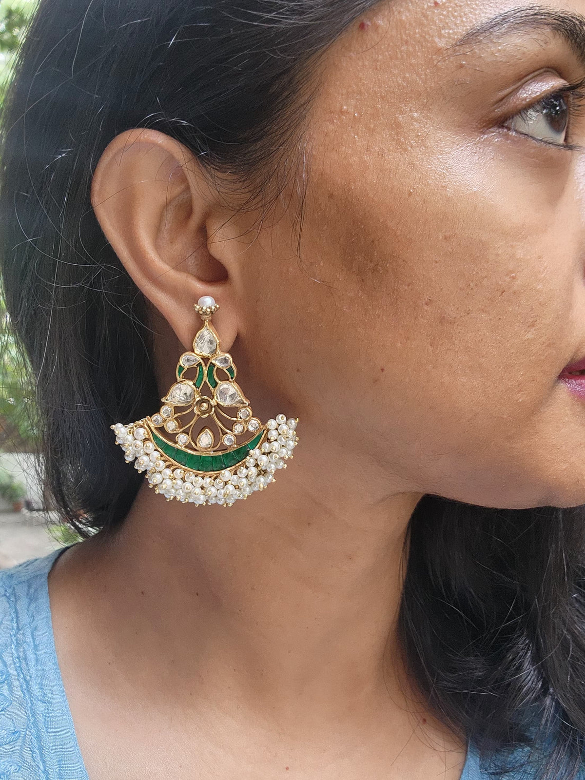 Antique gold polish kundan & emerald peacock earrings with pearls-Earrings-CI-House of Taamara