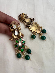 Antique gold polish kundan & emerald peacock earrings with pearls & green onyx beads-Earrings-CI-House of Taamara