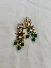 Antique gold polish kundan & emerald peacock earrings with pearls & green onyx beads-Earrings-CI-House of Taamara