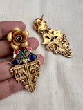 Antique gold polish kundan lotus with elephant traingle earrings-Earrings-CI-House of Taamara