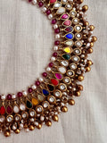 Antique gold polish kundan & navrathana necklace with pearls & gold beads-Silver Neckpiece-CI-House of Taamara