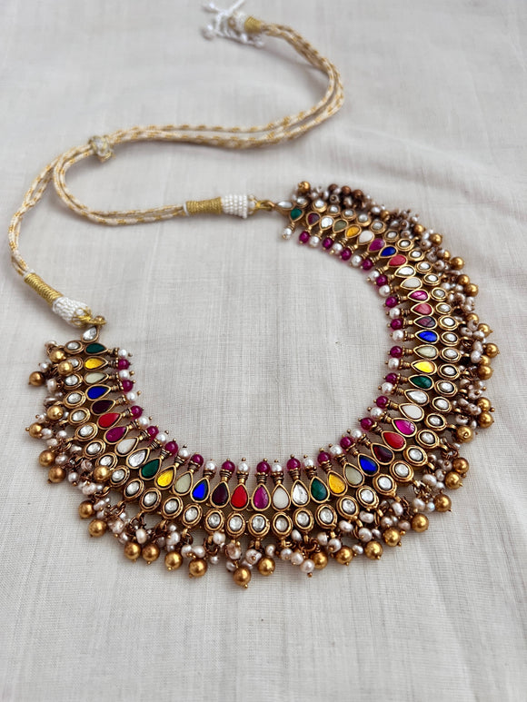 Antique gold polish kundan & navrathana necklace with pearls & gold beads-Silver Neckpiece-CI-House of Taamara