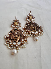 Antique gold polish kundan & peacock earrings with pearls-Earrings-CI-House of Taamara