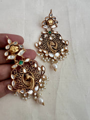 Antique gold polish kundan & peacock earrings with pearls-Earrings-CI-House of Taamara