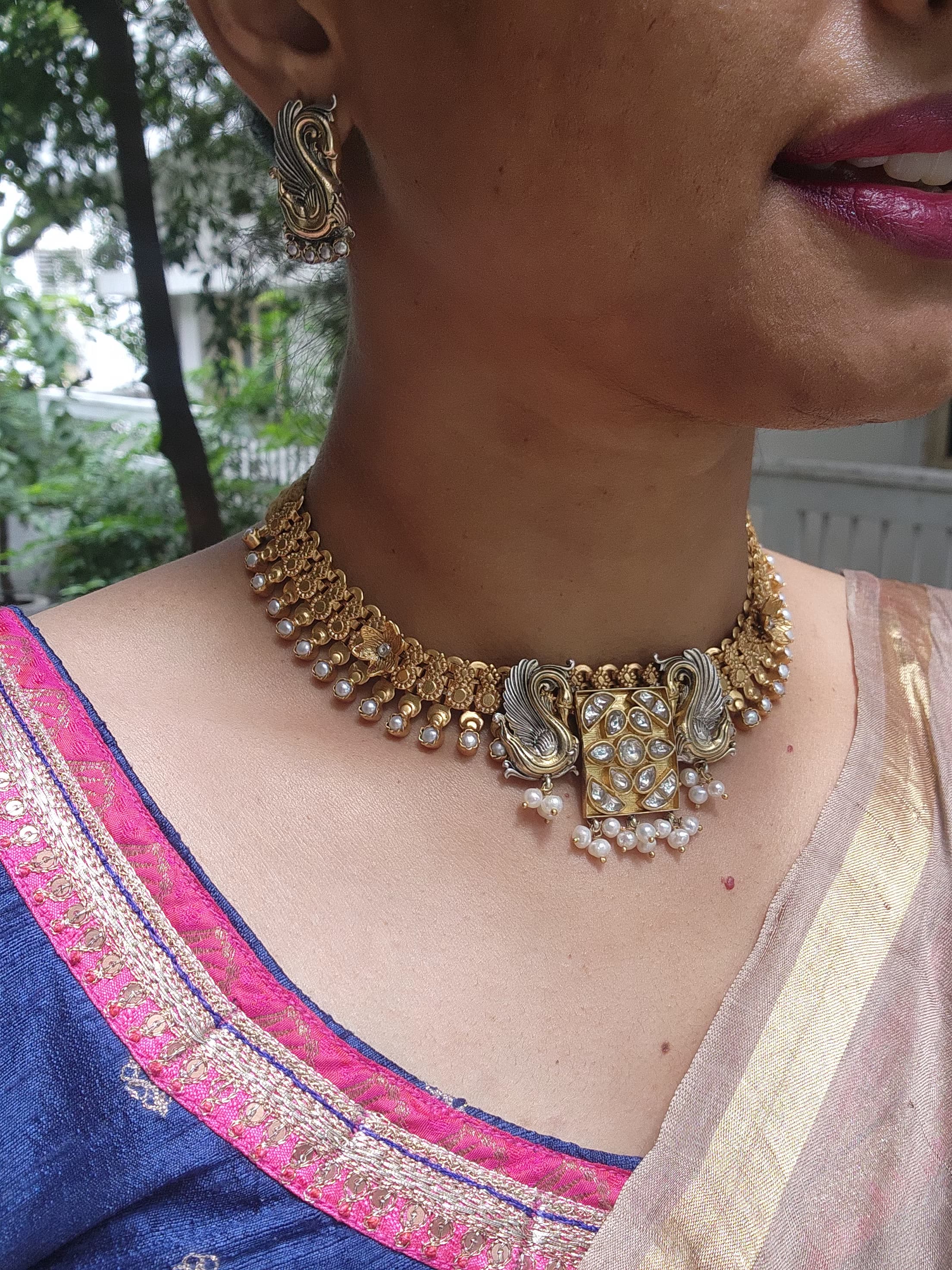 Antique gold polish kundan & pearls dual tone necklace with earrings, SET-Silver Neckpiece-CI-House of Taamara