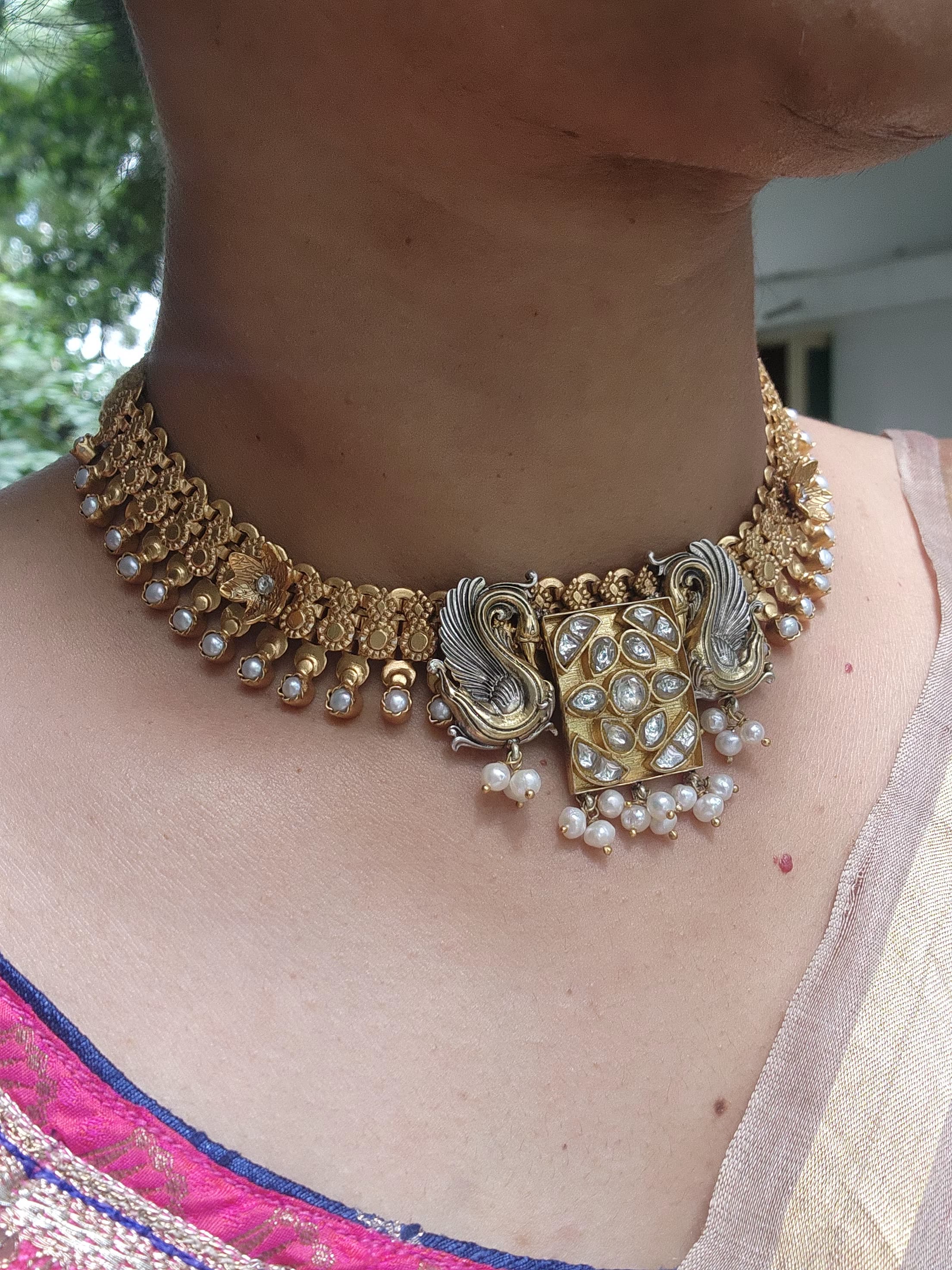 Antique gold polish kundan & pearls dual tone necklace with earrings, SET-Silver Neckpiece-CI-House of Taamara