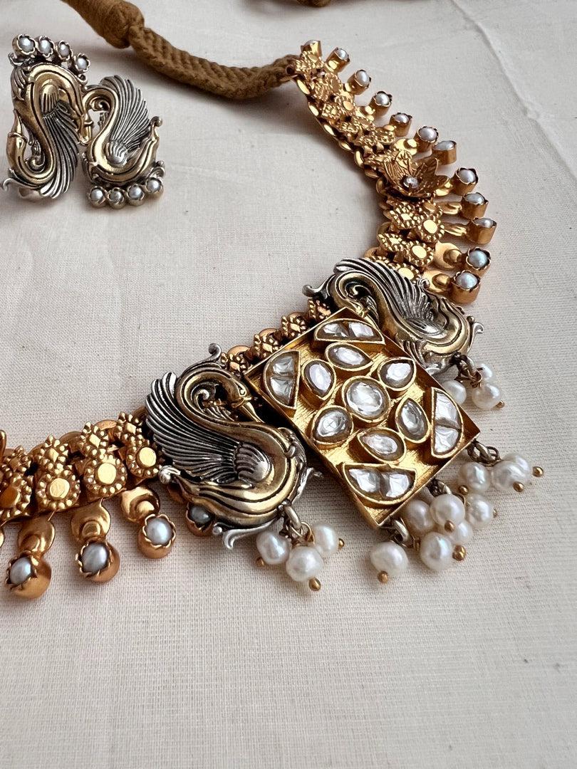 Antique gold polish kundan & pearls dual tone necklace with earrings, SET-Silver Neckpiece-CI-House of Taamara