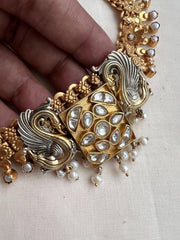 Antique gold polish kundan & pearls dual tone necklace with earrings, SET-Silver Neckpiece-CI-House of Taamara