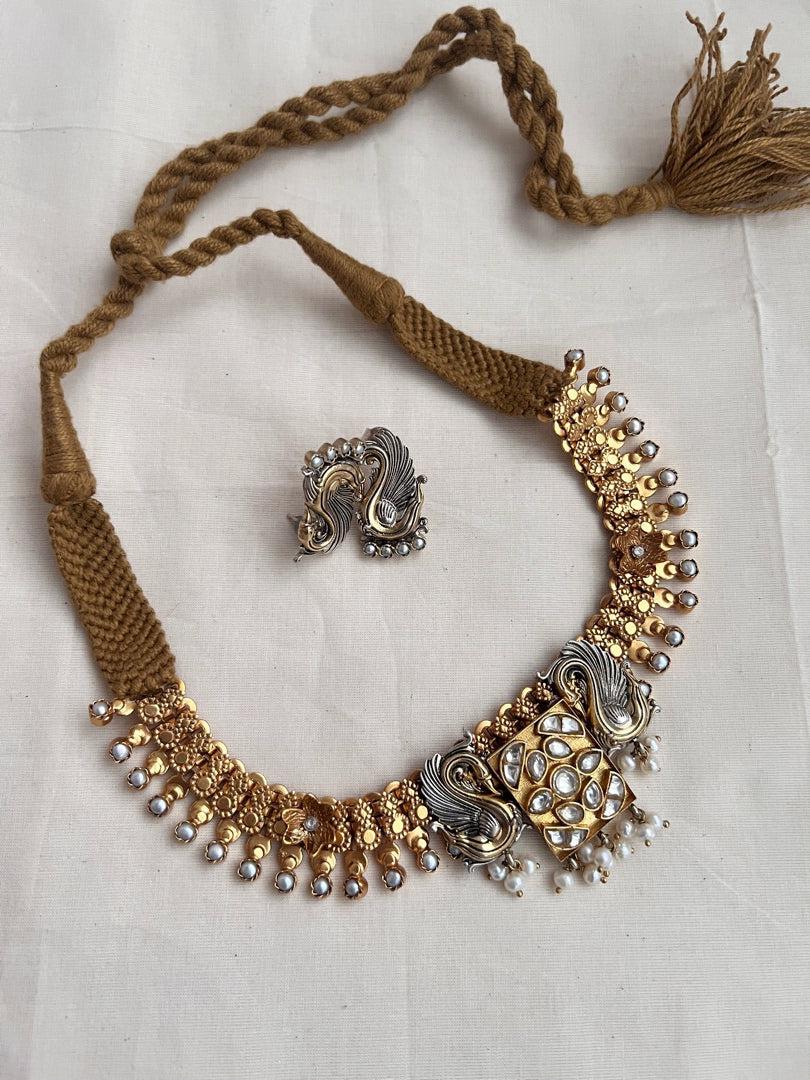 Antique gold polish kundan & pearls dual tone necklace with earrings, SET-Silver Neckpiece-CI-House of Taamara