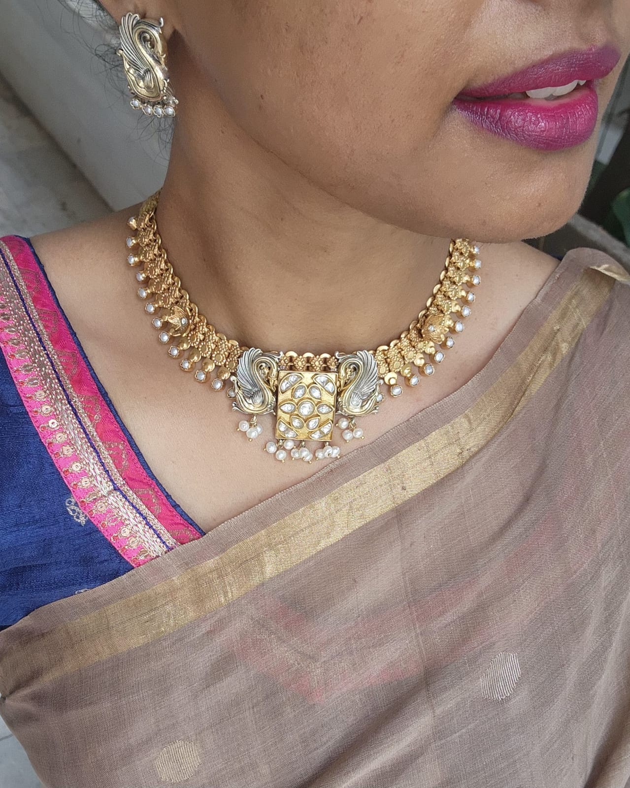 Antique gold polish kundan & pearls dual tone necklace with earrings, SET-Silver Neckpiece-CI-House of Taamara