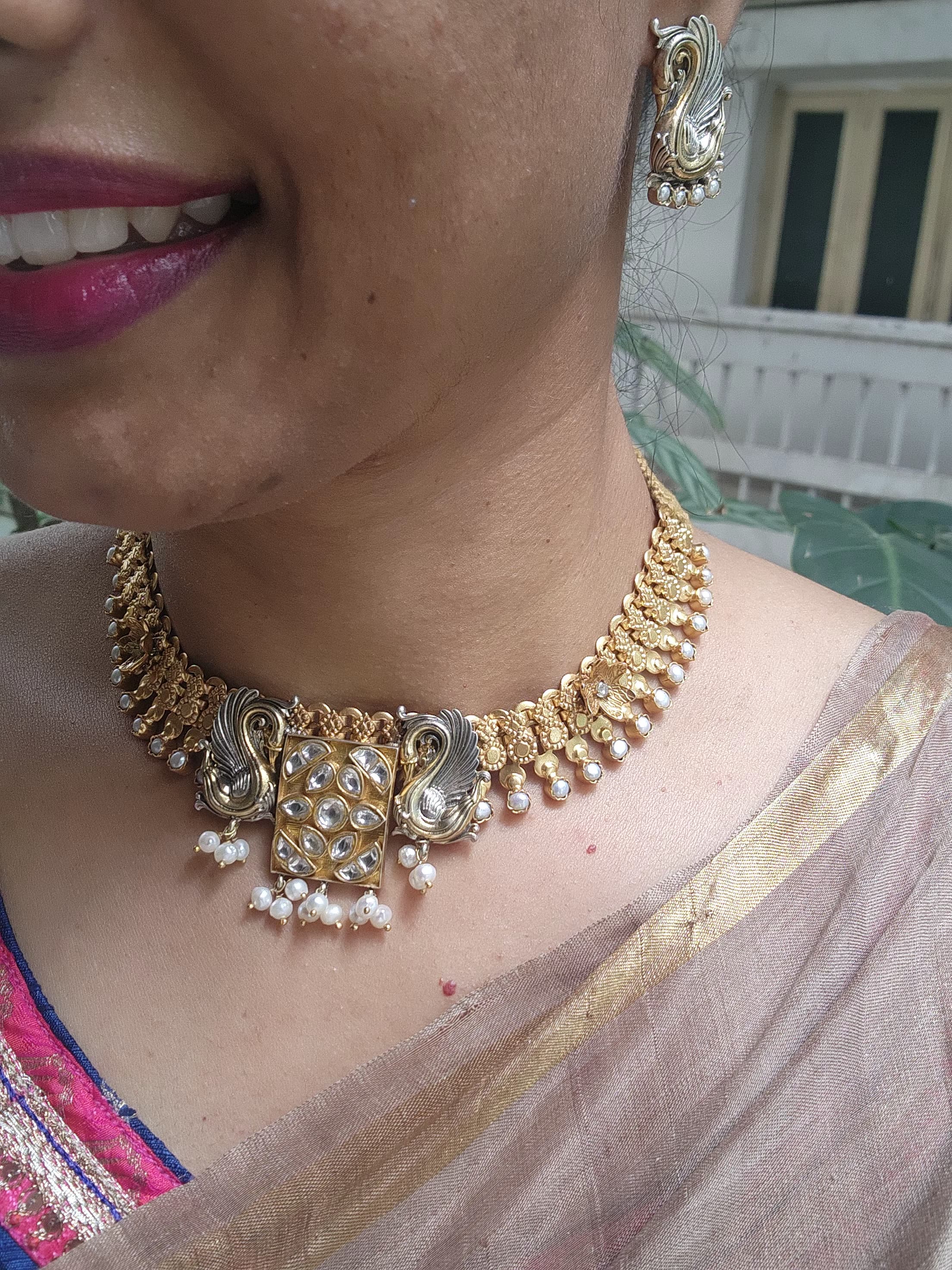 Antique gold polish kundan & pearls dual tone necklace with earrings, SET-Silver Neckpiece-CI-House of Taamara