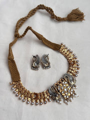 Antique gold polish kundan & pearls dual tone necklace with earrings, SET-Silver Neckpiece-CI-House of Taamara