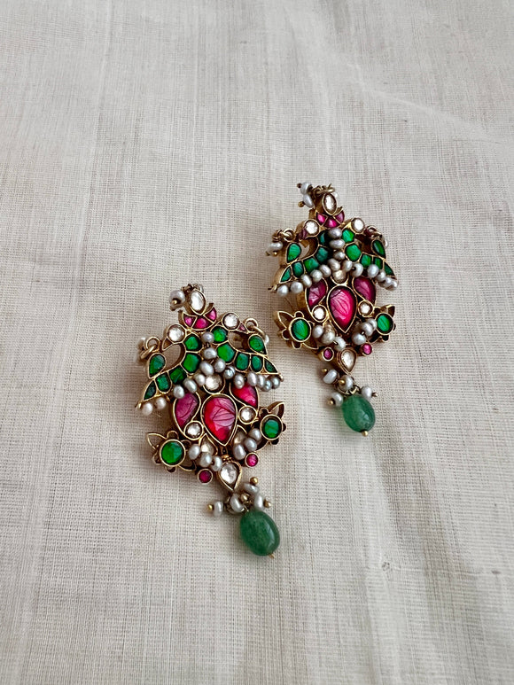 Antique gold polish kundan, ruby & emerald earrings with antique pearls-Earrings-CI-House of Taamara