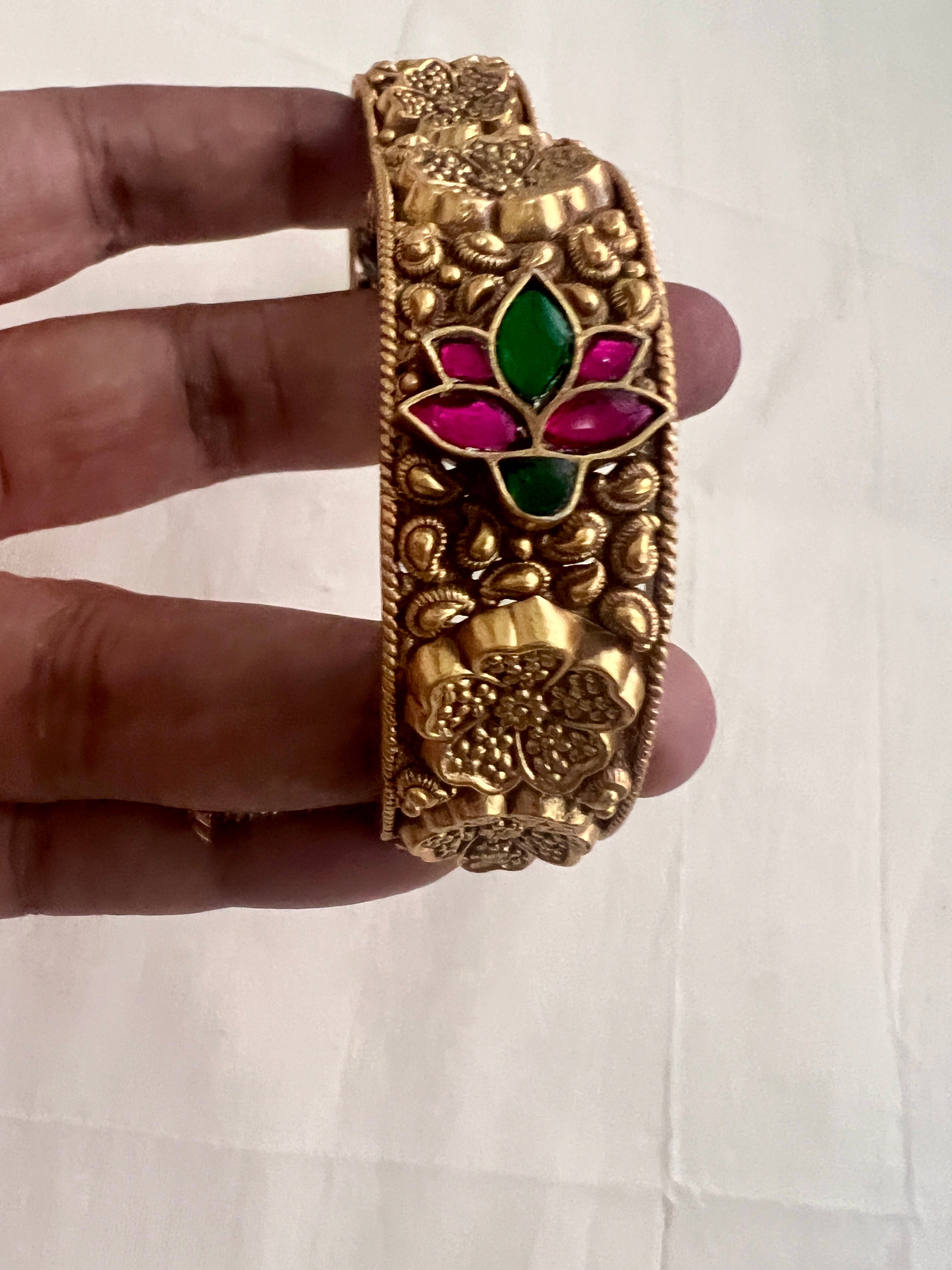 Antique gold polish kundan, ruby & emerald flower bangle-Silver Bracelet-CI-House of Taamara