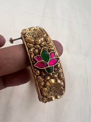 Antique gold polish kundan, ruby & emerald flower bangle-Silver Bracelet-CI-House of Taamara