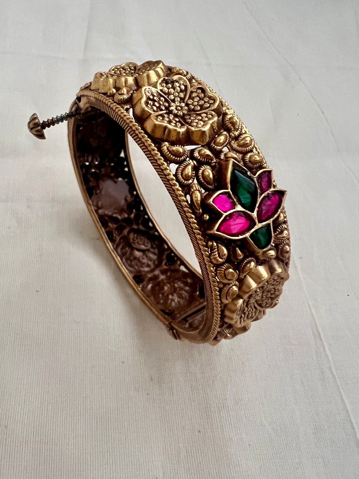 Antique gold polish kundan, ruby & emerald flower bangle-Silver Bracelet-CI-House of Taamara