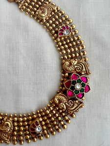 Antique gold polish kundan, ruby & emerald flower necklace-Silver Neckpiece-CI-House of Taamara