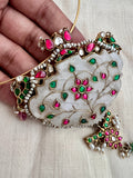 Antique gold polish kundan, ruby & emerald fusion inlay pendant wth antique style pearls, hasli-Silver Neckpiece-CI-House of Taamara