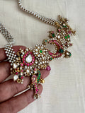 Antique gold polish kundan, ruby & emerald fusion necklace with antique style pearls-Silver Neckpiece-CI-House of Taamara