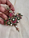 Antique gold polish kundan, ruby & emerald fusion pendant with antique pearls, hasli-Silver Neckpiece-CI-House of Taamara