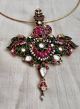 Antique gold polish kundan, ruby & emerald fusion pendant with antique pearls, hasli-Silver Neckpiece-CI-House of Taamara