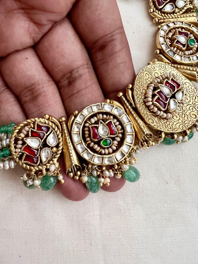 Antique gold polish kundan, ruby & emerald lotus necklace with pearls& jade beads, SET-Silver Neckpiece-CI-House of Taamara