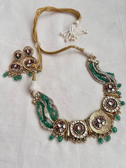 Antique gold polish kundan, ruby & emerald lotus necklace with pearls& jade beads, SET-Silver Neckpiece-CI-House of Taamara