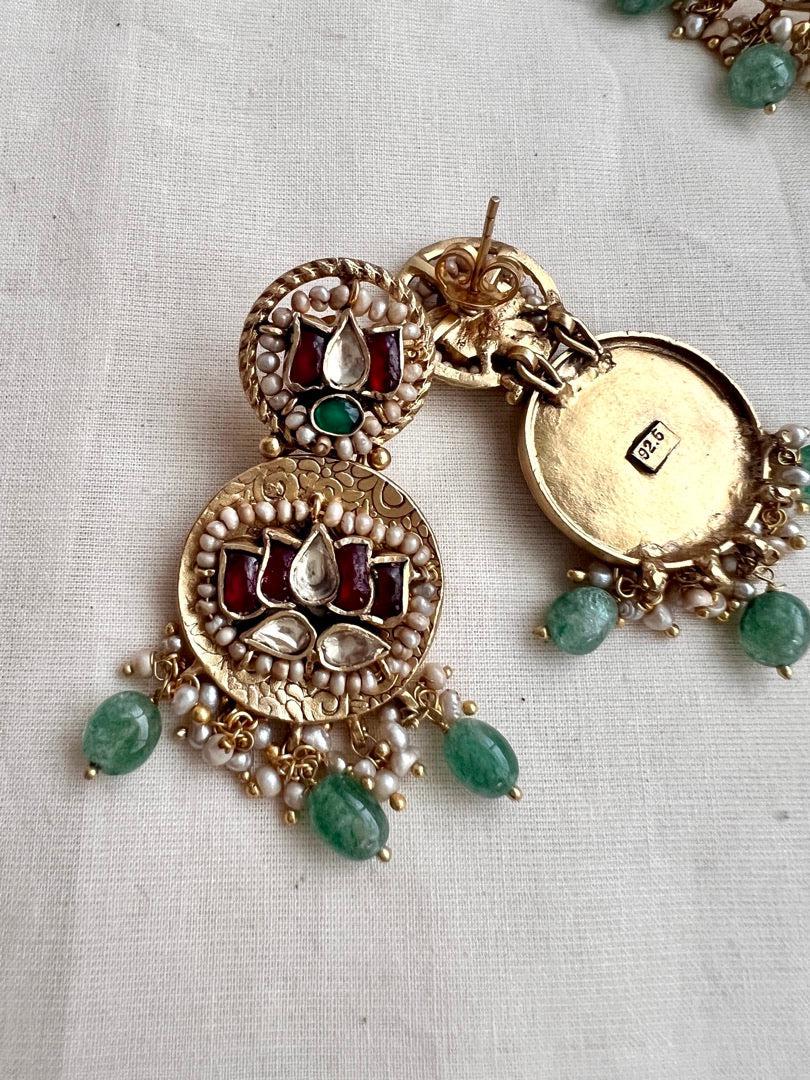 Antique gold polish kundan, ruby & emerald lotus necklace with pearls& jade beads, SET-Silver Neckpiece-CI-House of Taamara