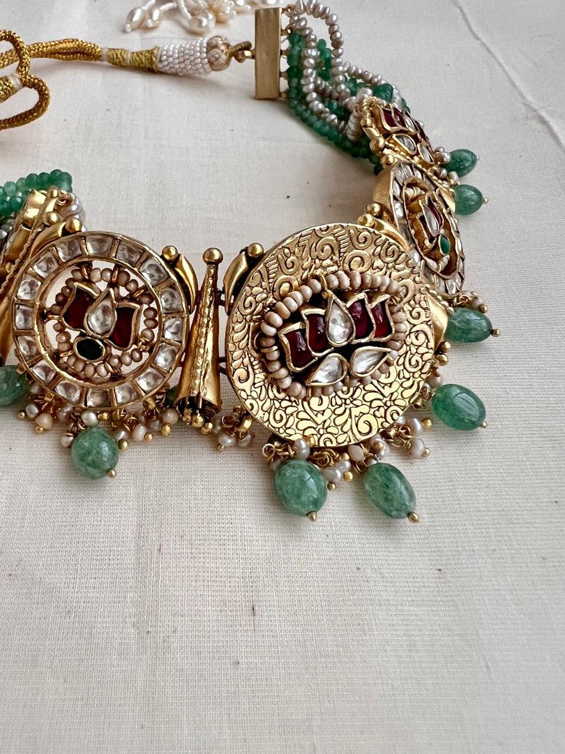 Antique gold polish kundan, ruby & emerald lotus necklace with pearls& jade beads, SET-Silver Neckpiece-CI-House of Taamara