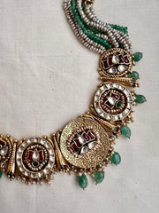 Antique gold polish kundan, ruby & emerald lotus necklace with pearls& jade beads, SET-Silver Neckpiece-CI-House of Taamara