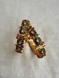 Antique gold polish kundan, ruby & emerald paisley bangles, pair-Silver Bracelet-CI-House of Taamara