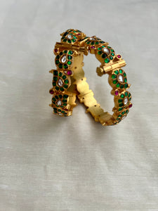 Antique gold polish kundan, ruby & emerald paisley bangles, pair-Silver Bracelet-CI-House of Taamara