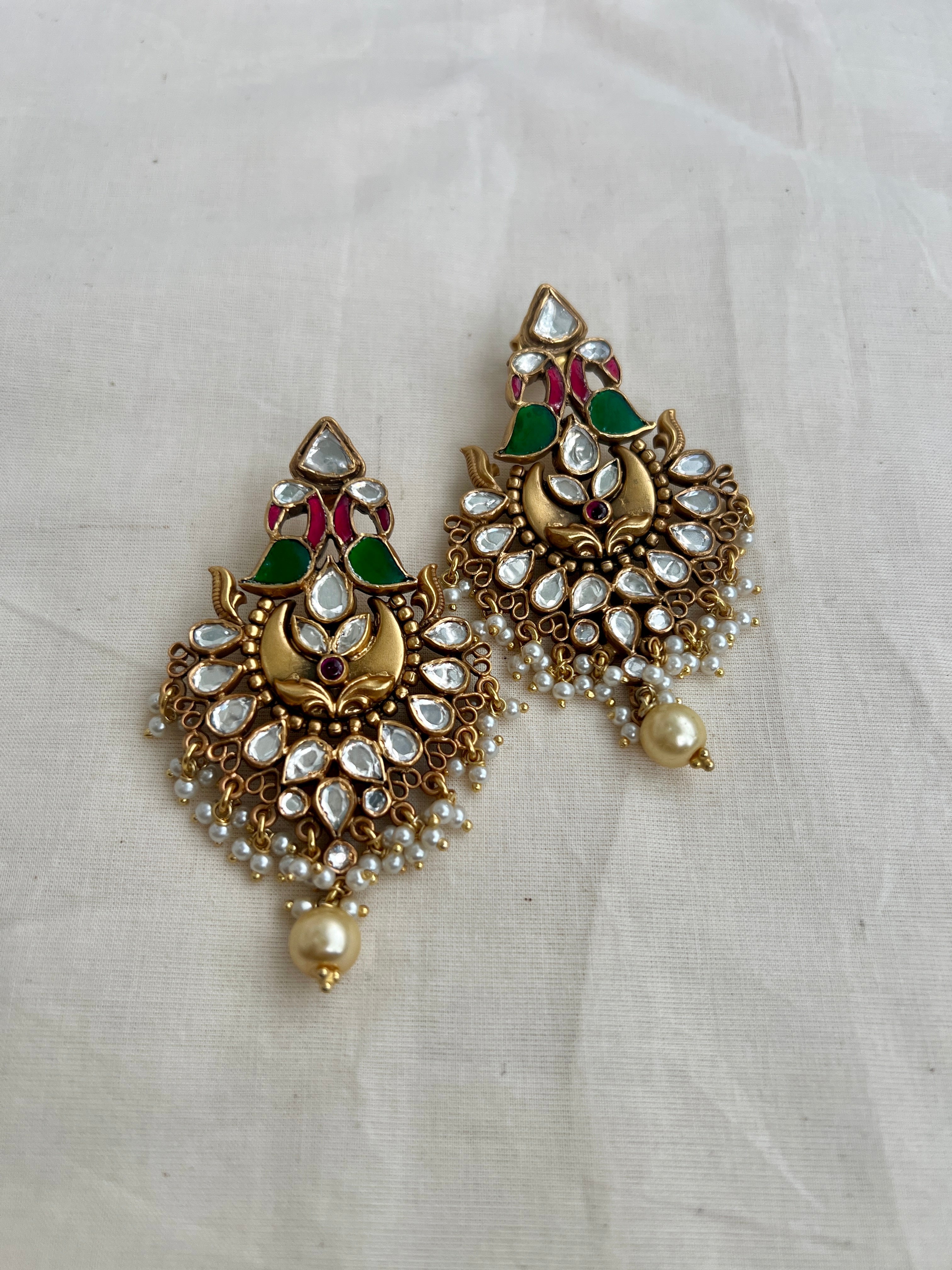 Antique gold polish kundan, ruby & emerald peacock earrings with pearls-Earrings-CI-House of Taamara