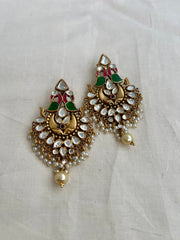 Antique gold polish kundan, ruby & emerald peacock earrings with pearls-Earrings-CI-House of Taamara