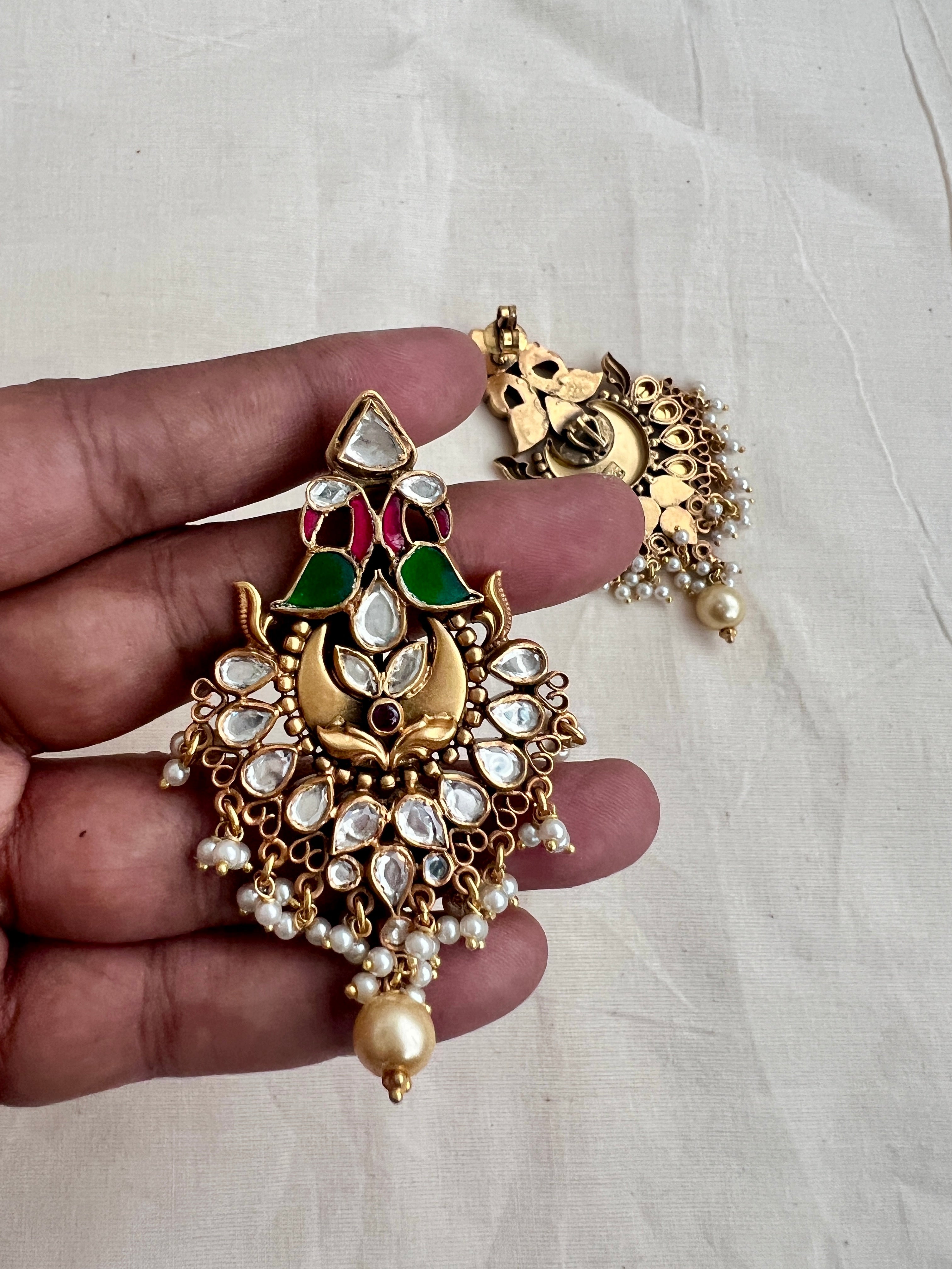 Antique gold polish kundan, ruby & emerald peacock earrings with pearls-Earrings-CI-House of Taamara